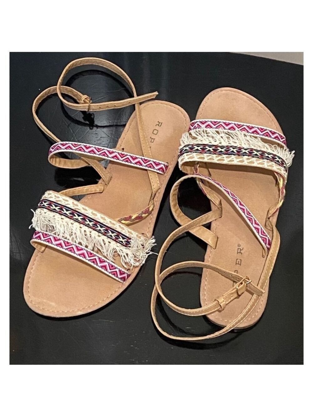 Roper Women's Sandals Tan Pink Blue Yellow Fringe Size 9 - Picture 2 of 11